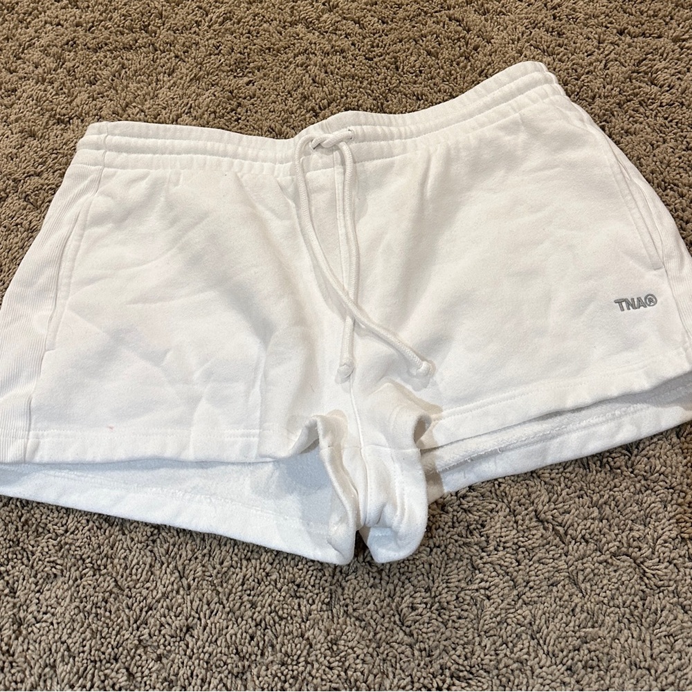 TNA white cozy sweatfleece boyfriend fit shorts aritzia